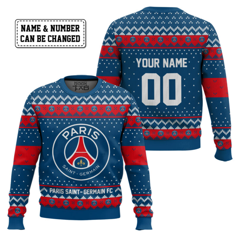 Hooktab Soccer Paris Saint-germain FC Custom Name And Number Ugly Christmas Sweater Hooktab Soccer Paris Saint-germain FC Custom Name And Number Ugly Christmas Sweater