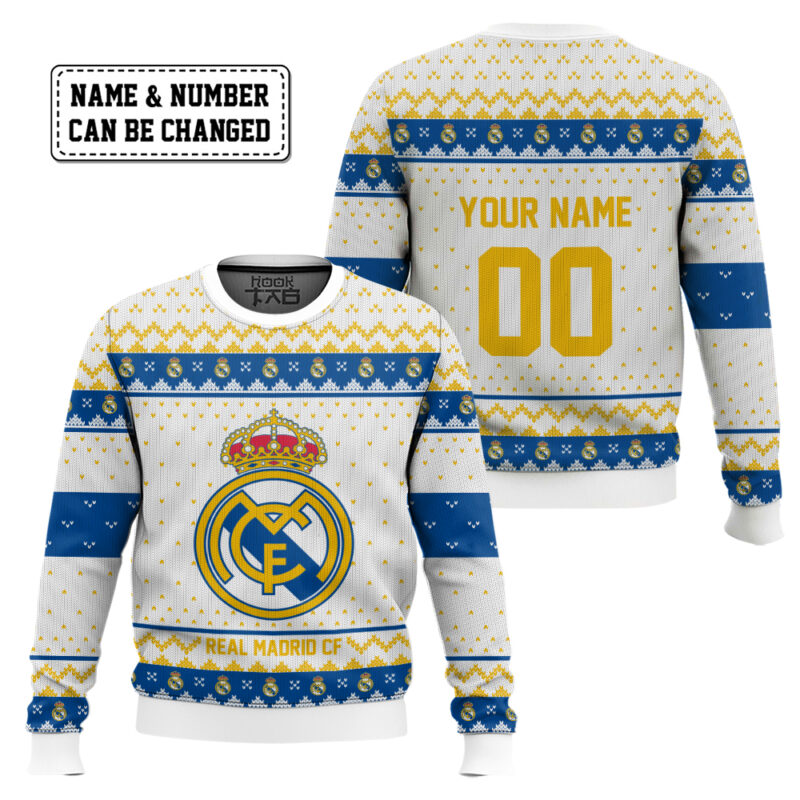 Hooktab Soccer Real Madrid CF Custom Name And Number Ugly Christmas Sweater Hooktab Soccer Real Madrid CF Custom Name And Number Ugly Christmas Sweater