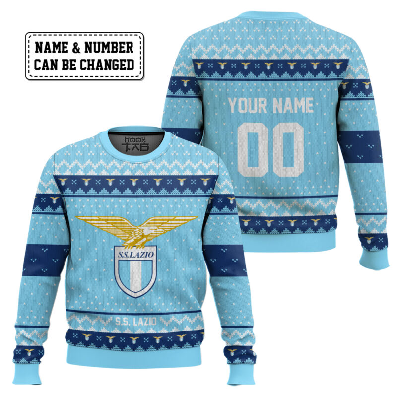 Hooktab Soccer S.S. Lazio Custom Name And Number Ugly Christmas Sweater Hooktab Soccer S.S. Lazio Custom Name And Number Ugly Christmas Sweater