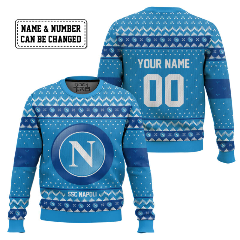 Hooktab Soccer SSC Napoli Custom Name And Number Ugly Christmas Sweater Hooktab Soccer SSC Napoli Custom Name And Number Ugly Christmas Sweater