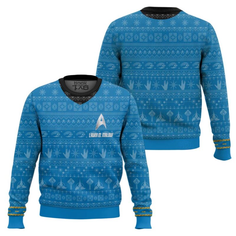 Hooktab Star Trek 1966 Blue - Custom Name Ugly Christmas Sweater Hooktab Star Trek 1966 Blue - Custom Name Ugly Christmas Sweater