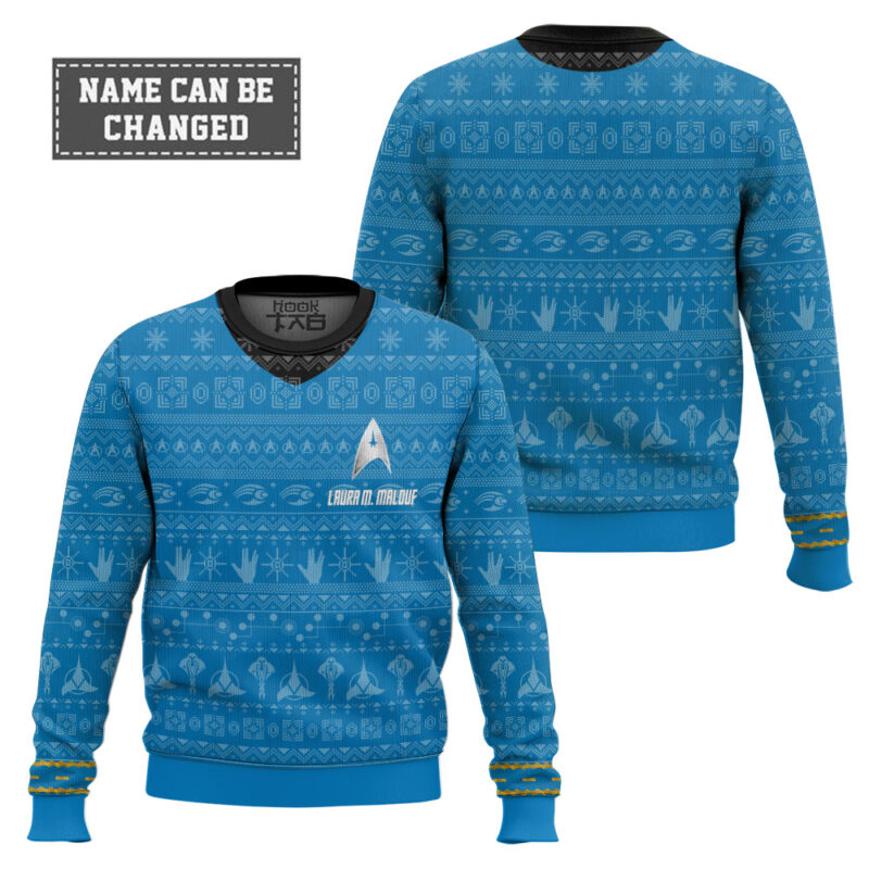 Hooktab Star Trek 1966 Blue - Custom Name Ugly Christmas Sweater Hooktab Star Trek 1966 Blue - Custom Name Ugly Christmas Sweater