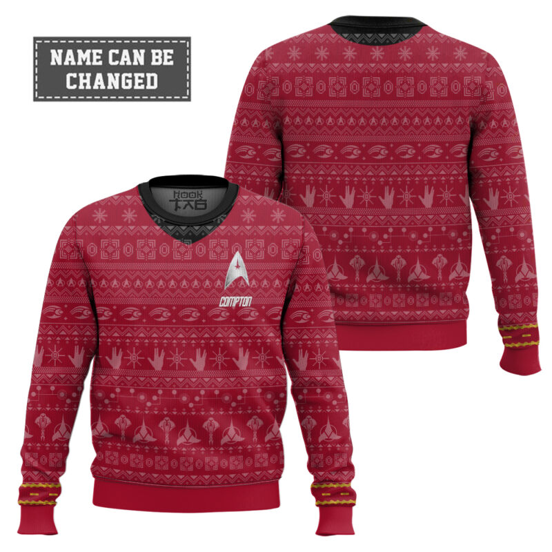 Hooktab Star Trek 1966 Red - Custom Name Ugly Christmas Sweater Hooktab Star Trek 1966 Red - Custom Name Ugly Christmas Sweater