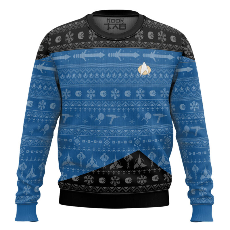 Hooktab Star Trek 1987 Blue Ugly Christmas Sweater