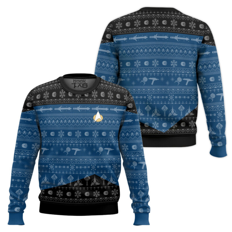 Hooktab Star Trek 1987 Dark Blue Ugly Christmas Sweater Hooktab Star Trek 1987 Dark Blue Ugly Christmas Sweater