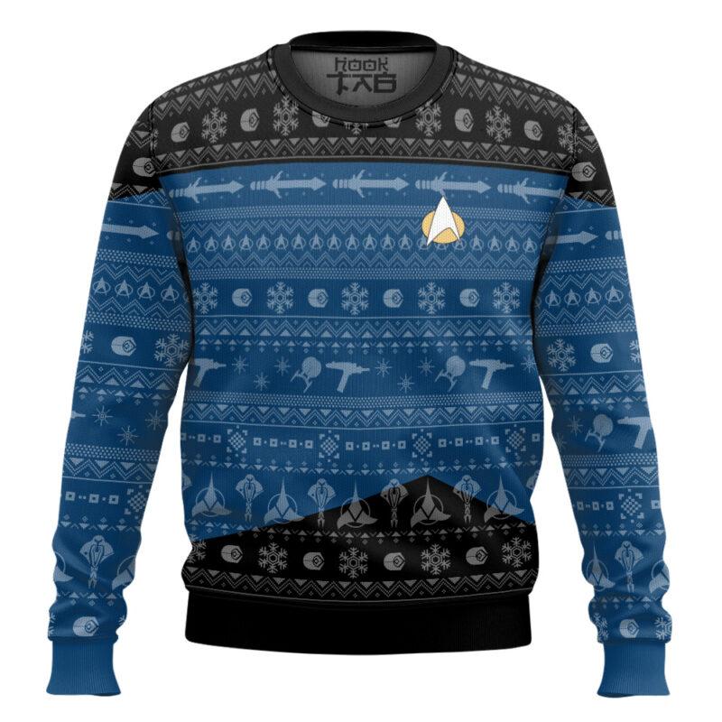 Hooktab Star Trek 1987 Dark Blue Ugly Christmas Sweater