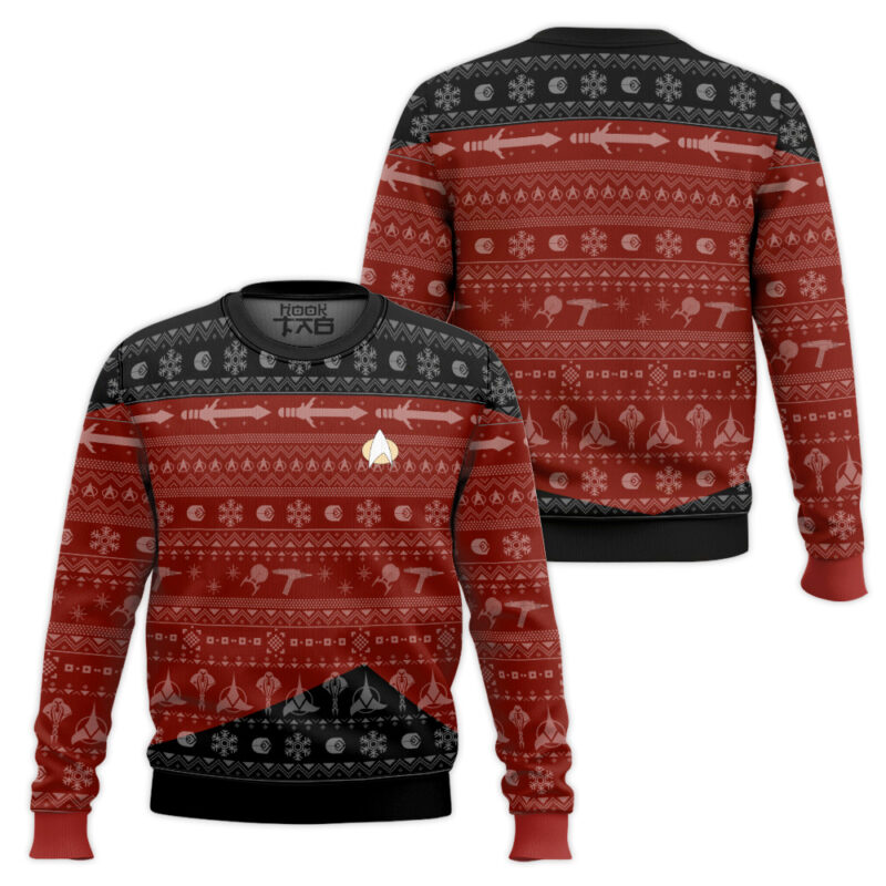 Hooktab Star Trek 1987 Red Ugly Christmas Sweater Hooktab Star Trek 1987 Red Ugly Christmas Sweater