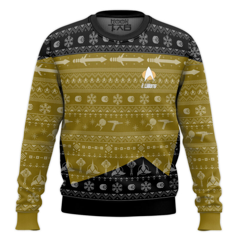 Hooktab Star Trek 1987 Yellow - Custom Name Ugly Christmas Sweater