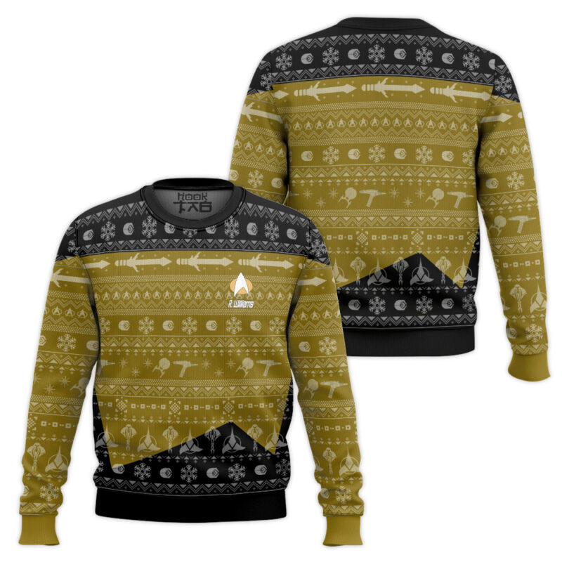 Hooktab Star Trek 1987 Yellow - Custom Name Ugly Christmas Sweater Hooktab Star Trek 1987 Yellow - Custom Name Ugly Christmas Sweater