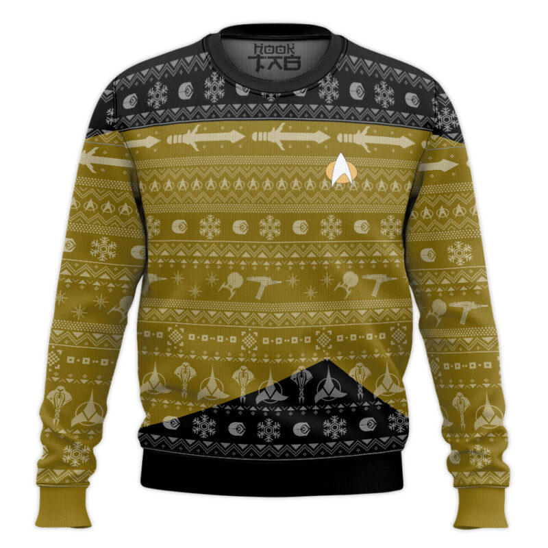 Hooktab Star Trek 1987 Yellow Ugly Christmas Sweater