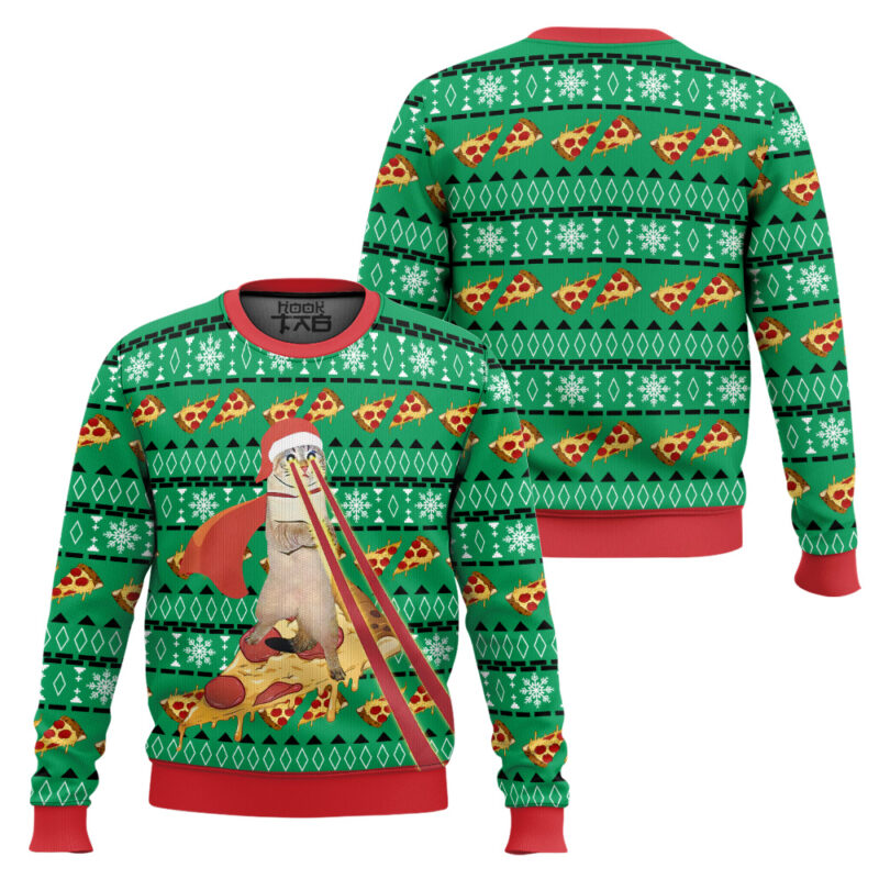 Hooktab Super Cat Riding Pizza Ugly Christmas Sweater Hooktab Super Cat Riding Pizza Ugly Christmas Sweater