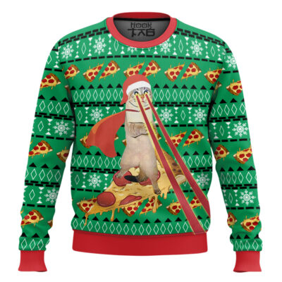 Hooktab Super Cat Riding Pizza Ugly Christmas Sweater