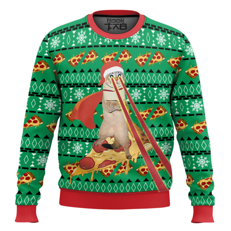 Hooktab Super Cat Riding Pizza Ugly Christmas Sweater