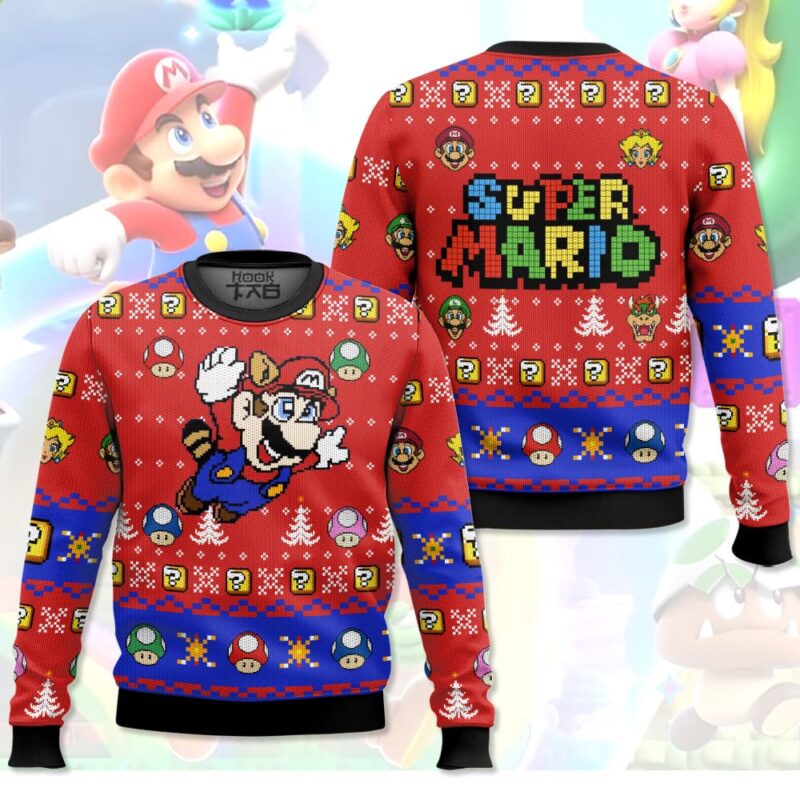 Hooktab Super Raccoon Mario Ugly Christmas Sweater Hooktab Super Raccoon Mario Ugly Christmas Sweater