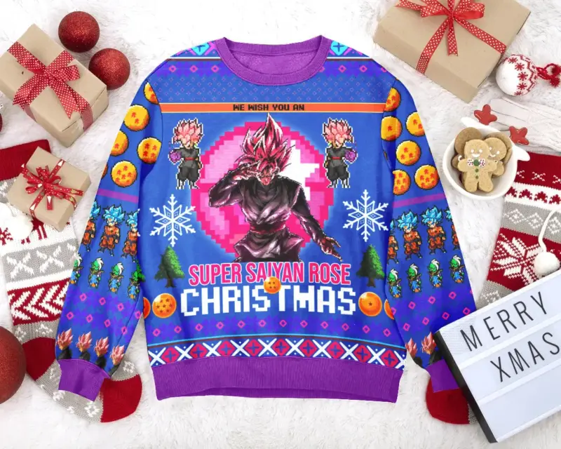 Hooktab Super Saiyan Rose Christmas Dragon Ball Ugly Christmas Sweater Hooktab Super Saiyan Rose Christmas Dragon Ball Ugly Christmas Sweater