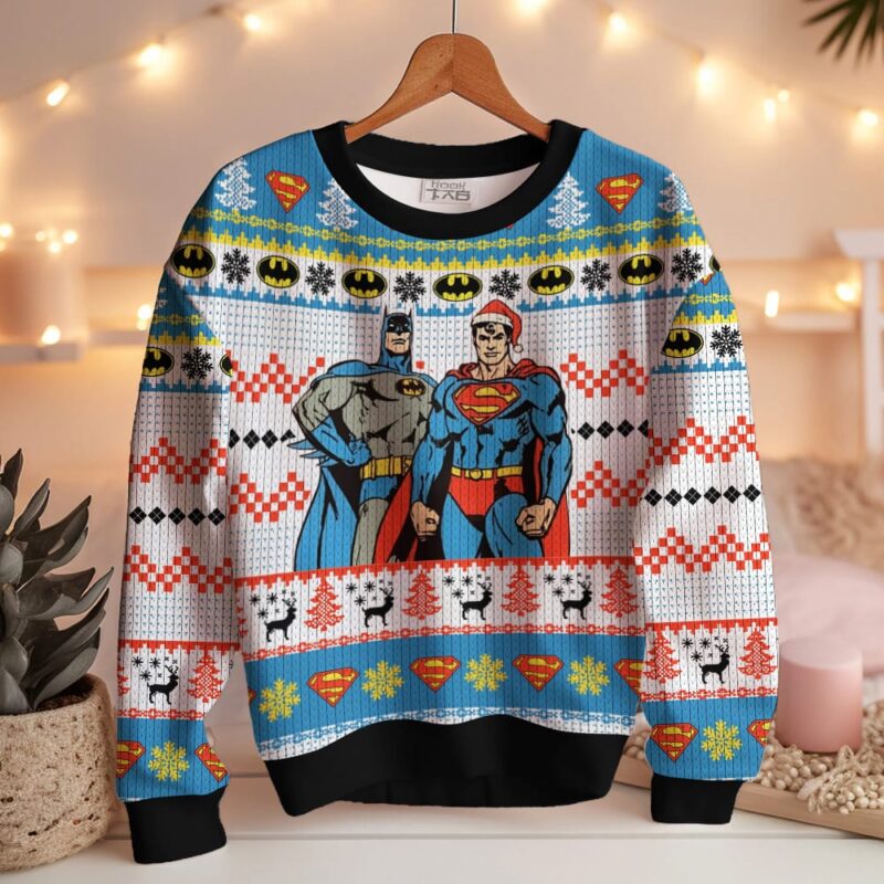 Hooktab Superman And Batman Ugly Christmas Sweater Hooktab Superman And Batman Ugly Christmas Sweater