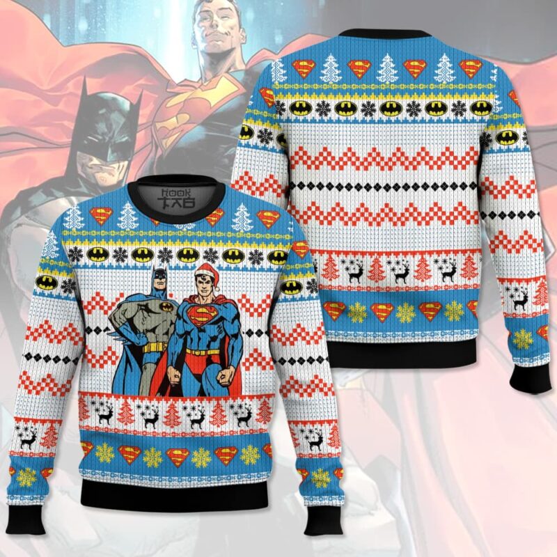Hooktab Superman And Batman Ugly Christmas Sweater Hooktab Superman And Batman Ugly Christmas Sweater