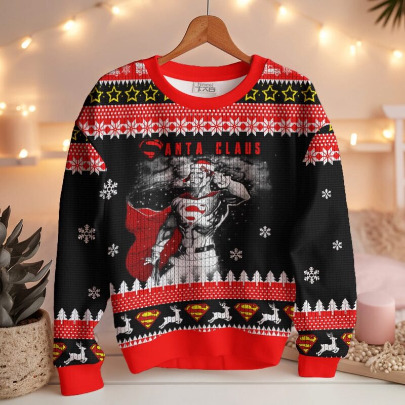 Hooktab Superman Santa Claus Ugly Christmas Sweater Hooktab Superman Santa Claus Ugly Christmas Sweater