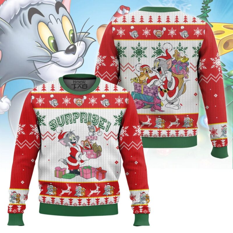 Hooktab Surprise! Tom And Jerry Ugly Christmas Sweater Hooktab Surprise! Tom And Jerry Ugly Christmas Sweater
