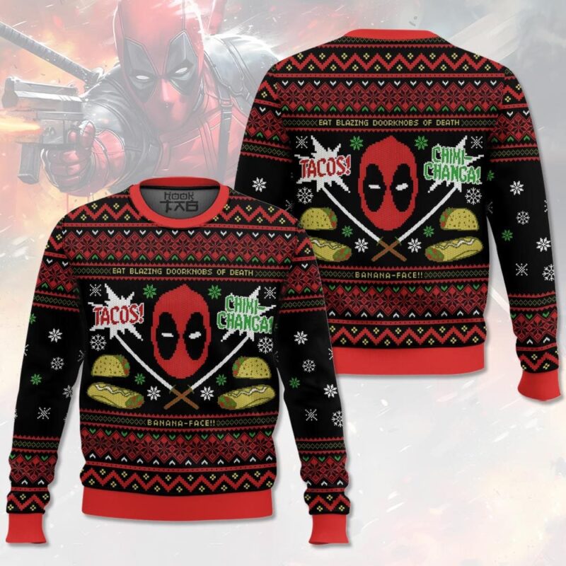 Hooktab Tacos! Chiki-changa! Deadpool Ugly Christmas Sweater Hooktab Tacos! Chiki-changa! Deadpool Ugly Christmas Sweater