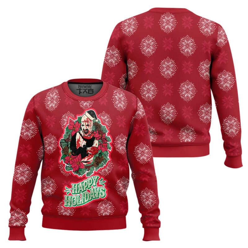 Hooktab Terrifier Happy Holidays Ugly Christmas Sweater Hooktab Terrifier Happy Holidays Ugly Christmas Sweater