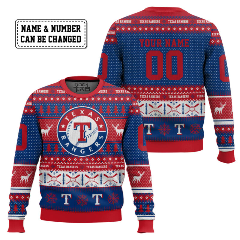 Hooktab Texas Rangers - Custom Name And Number Ugly Sweater Hooktab Texas Rangers - Custom Name And Number Ugly Sweater
