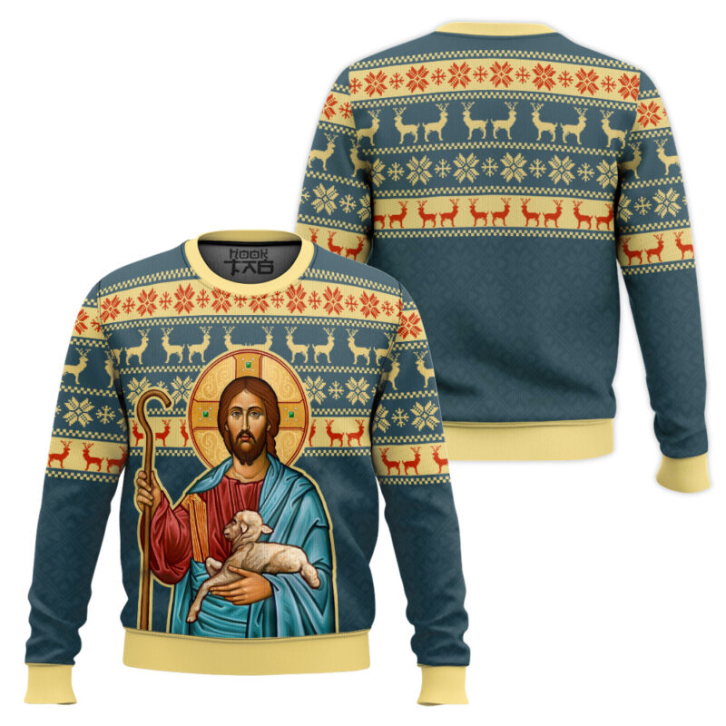Hooktab The Good Shepherd Artwork Ugly Christmas Sweater Hooktab The Good Shepherd Artwork Ugly Christmas Sweater