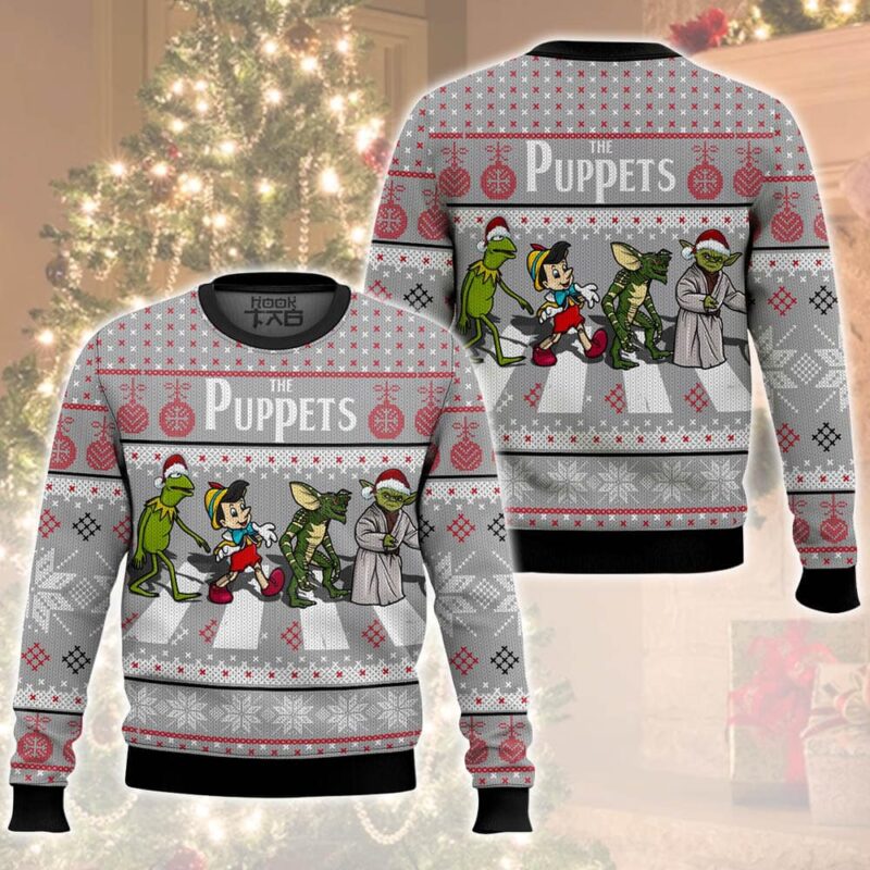 Hooktab The Puppets, Kermit, Yoda, Pinocchio, And Gremlins Ugly Christmas Sweater Hooktab The Puppets, Kermit, Yoda, Pinocchio, And Gremlins Ugly Christmas Sweater