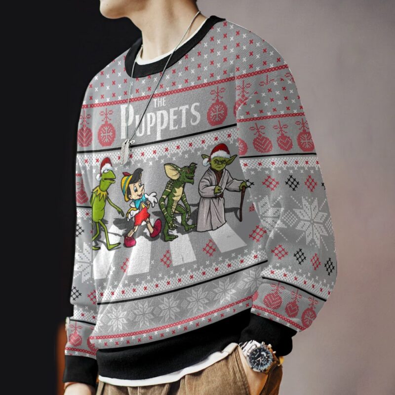 Hooktab The Puppets, Kermit, Yoda, Pinocchio, And Gremlins Ugly Christmas Sweater Hooktab The Puppets, Kermit, Yoda, Pinocchio, And Gremlins Ugly Christmas Sweater