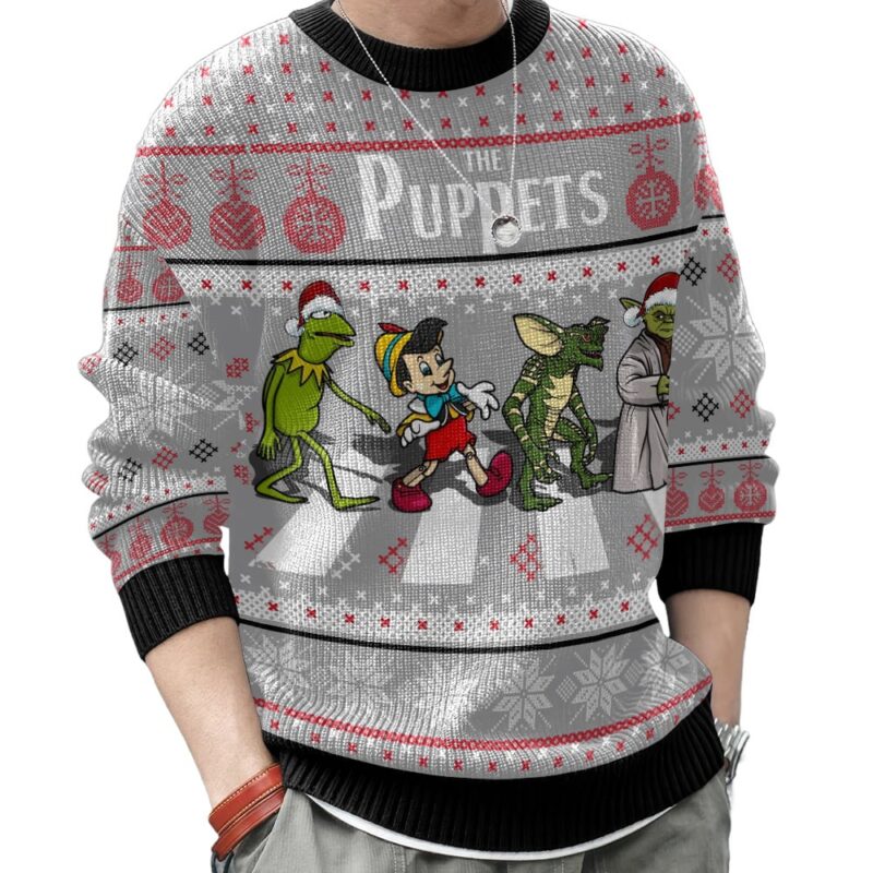 Hooktab The Puppets, Kermit, Yoda, Pinocchio, And Gremlins Ugly Christmas Sweater Hooktab The Puppets, Kermit, Yoda, Pinocchio, And Gremlins Ugly Christmas Sweater