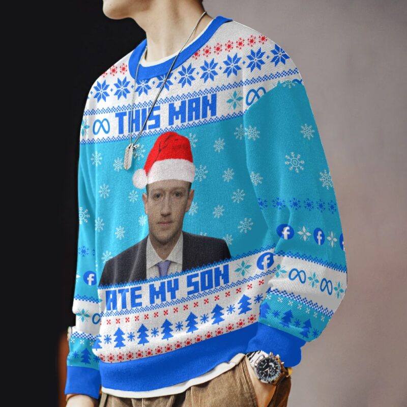 Hooktab "This Man Ate My Son" Mark Zuckerberg Meme Ugly Christmas Sweater Hooktab "This Man Ate My Son" Mark Zuckerberg Meme Ugly Christmas Sweater