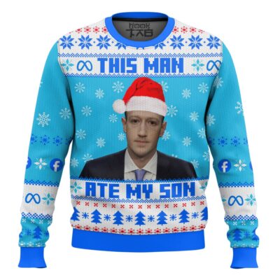 Hooktab "This Man Ate My Son" Mark Zuckerberg Meme Ugly Christmas Sweater