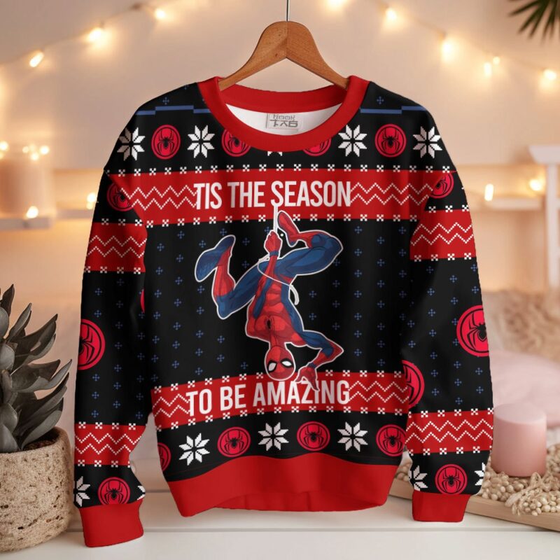 Hooktab Tis The Season To Be Amazing Spider-man Ugly Christmas Sweater Hooktab Tis The Season To Be Amazing Spider-man Ugly Christmas Sweater