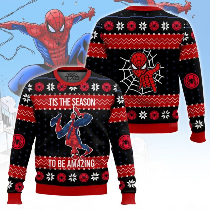 Hooktab Tis The Season To Be Amazing Spider-man Ugly Christmas Sweater Hooktab Tis The Season To Be Amazing Spider-man Ugly Christmas Sweater