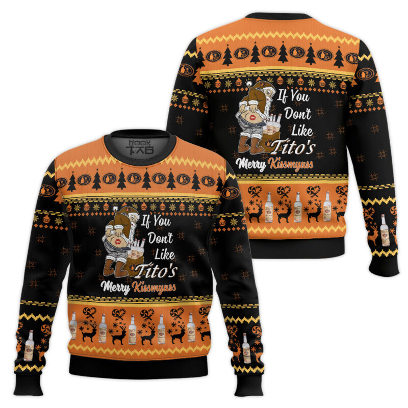 Hooktab Tito's Merry Kissmyass Ugly Christmas Sweater Hooktab Tito's Merry Kissmyass Ugly Christmas Sweater
