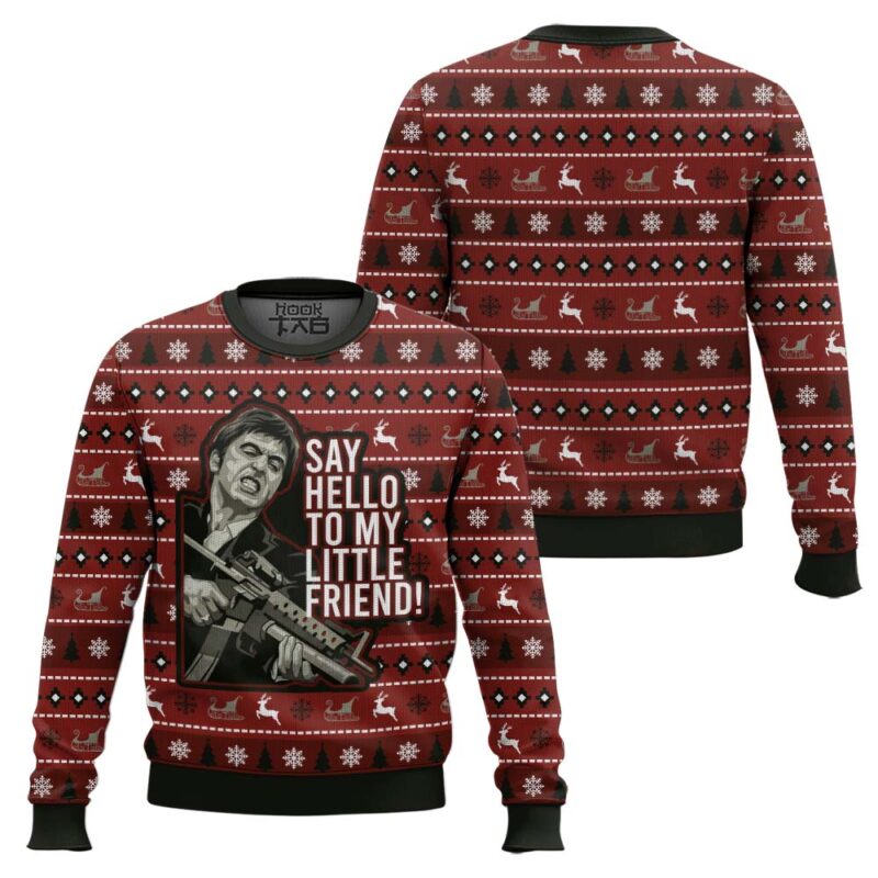 Hooktab Tony Montana Say Hello To My Little Friend Scarface Ugly Christmas Sweater Hooktab Tony Montana Say Hello To My Little Friend Scarface Ugly Christmas Sweater