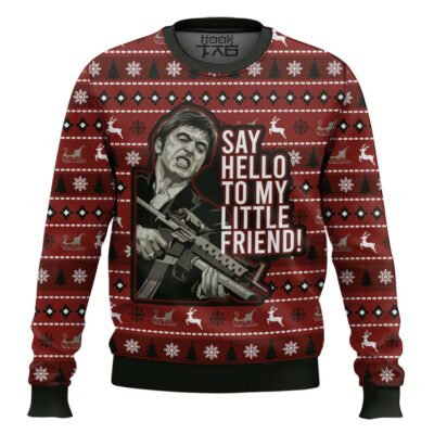 Hooktab Tony Montana Say Hello To My Little Friend Scarface Ugly Christmas Sweater