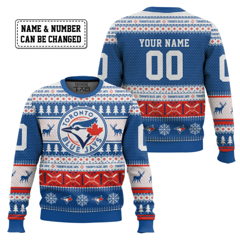 Hooktab Toronto Blue Jays - Custom Name And Number Ugly Sweater Hooktab Toronto Blue Jays - Custom Name And Number Ugly Sweater