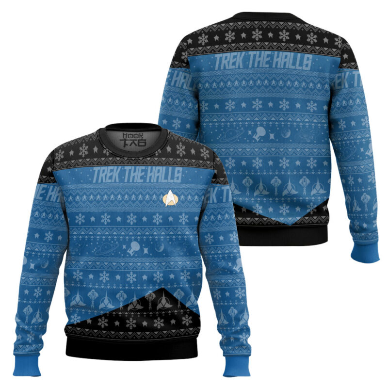 Hooktab Trek The Halls Star Trek 1987 Blue Ugly Christmas Sweater Hooktab Trek The Halls Star Trek 1987 Blue Ugly Christmas Sweater