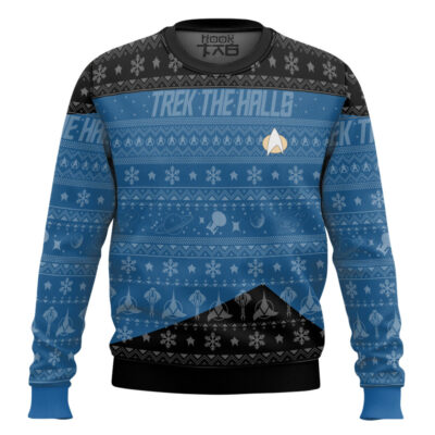Hooktab Trek The Halls Star Trek 1987 Blue Ugly Christmas Sweater
