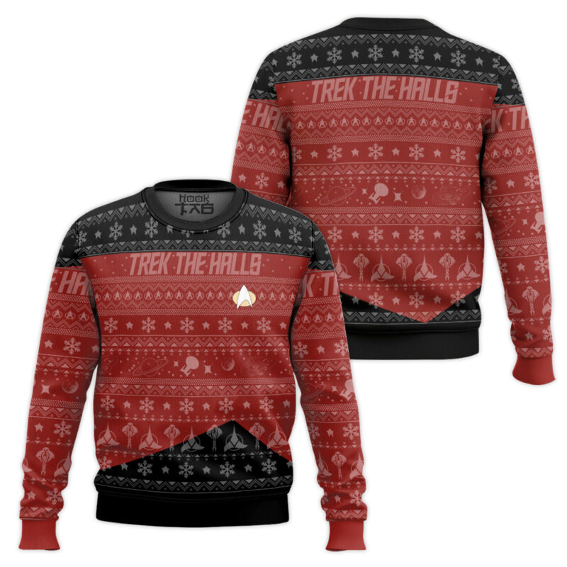 Hooktab Trek The Halls Star Trek 1987 Red Ugly Christmas Sweater Hooktab Trek The Halls Star Trek 1987 Red Ugly Christmas Sweater