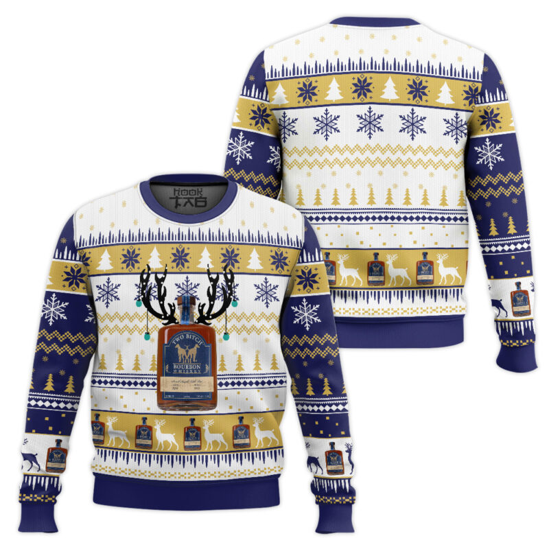 Hooktab Two Bitch Bourbon Whiskey Ugly Christmas Sweater Hooktab Two Bitch Bourbon Whiskey Ugly Christmas Sweater