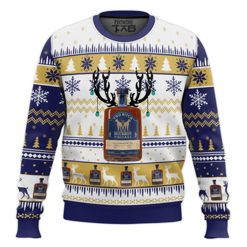 Hooktab Two Bitch Bourbon Whiskey Ugly Christmas Sweater