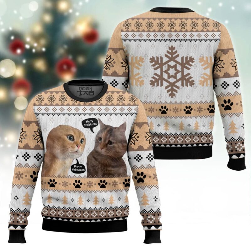 Hooktab Two Cats Talking Meme Ugly Christmas Sweater Hooktab Two Cats Talking Meme Ugly Christmas Sweater