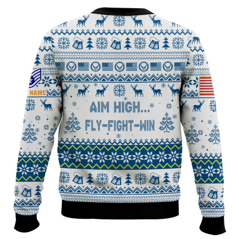 Hooktab US Air Force Aim High, Fly-Fight-Win - Custom Name And Rank Ugly Sweater Hooktab US Air Force Aim High, Fly-Fight-Win - Custom Name And Rank Ugly Sweater