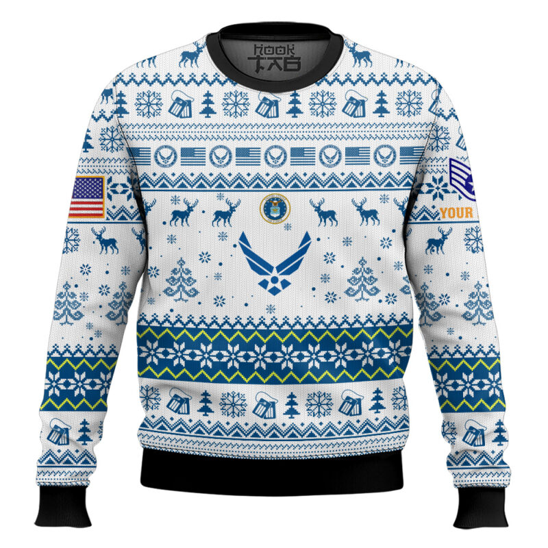 Hooktab US Air Force Aim High, Fly-Fight-Win - Custom Name And Rank Ugly Sweater