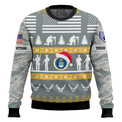 Hooktab US Air Force Be Nice To Veterans Remember Santa Is Always Watching - Custom Name And Rank Ugly Sweater