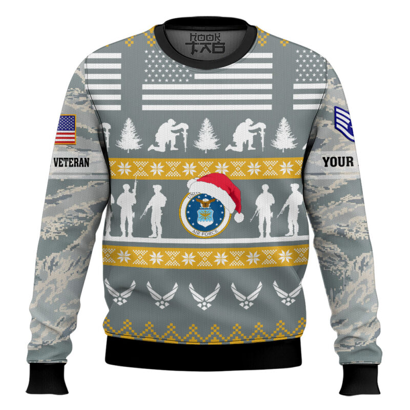 Hooktab US Air Force Be Nice To Veterans Remember Santa Is Always Watching - Custom Name And Rank Ugly Sweater