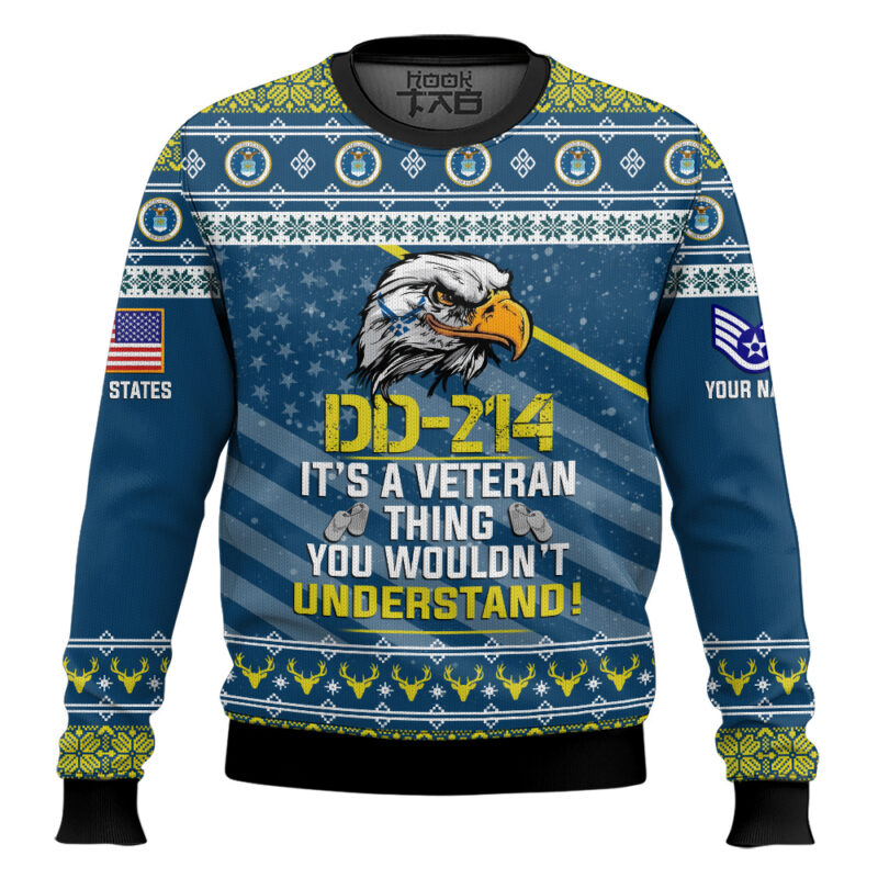 Hooktab US Air Force DD-214 It's A Veteran Thing You Wouldn't Understand - Custom Name And Rank Ugly Sweater