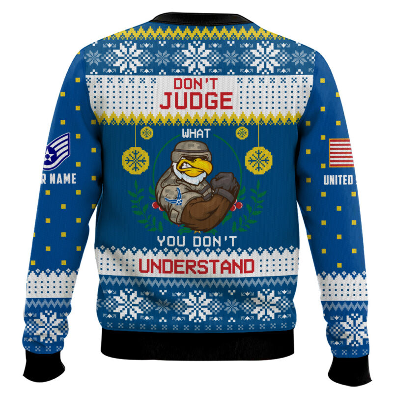 Hooktab US Air Force Don't Judge What You Don't Understand - Custom Name And Rank Ugly Sweater Hooktab US Air Force Don't Judge What You Don't Understand - Custom Name And Rank Ugly Sweater